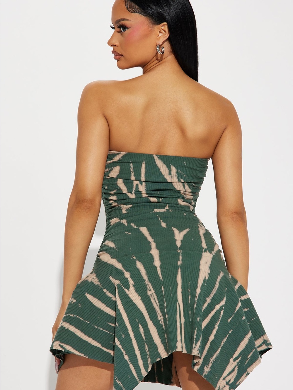 Fashion Nova Strapless Green and Beige Tie-Dye Mini Dress - Picture 2 of 3